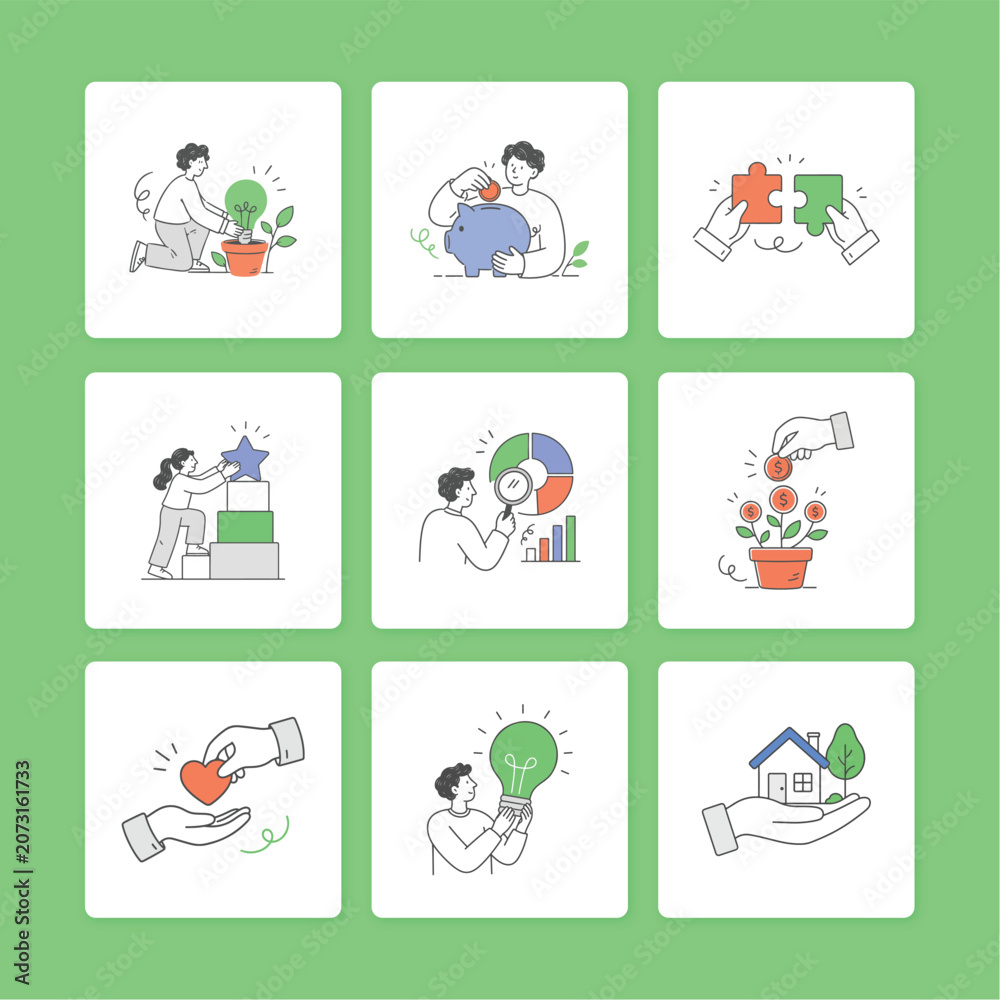 Fototapeta premium Colorful flat vector illustration set depicting various business and life concepts