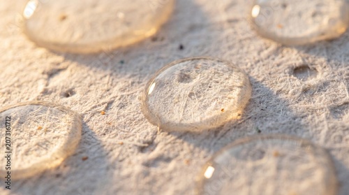 Macro shot of clear water drops on textured handmade paper surface with warm golden evening sunlight casting soft shadows