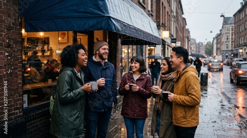 Happy Diverse Group of Friends Laughing and Drinking Hot Coffee Together Outside Cafe on a Rainy Day
