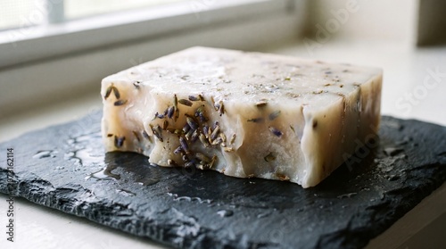 Handmade Natural Lavender Soap Bar with Dried Herbs on Wet Black Slate Stone