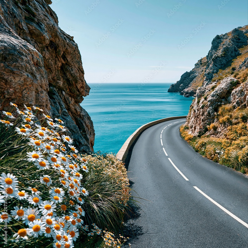 Fototapeta premium Coastal road curves along the sea with flowers blooming in the foreground on a clear day