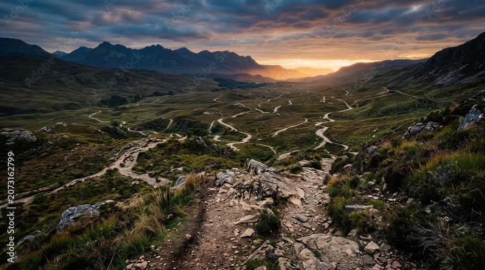 Obraz premium A Breath-taking Cinematic Wide View of a Mountain Valley with Winding Dirt Roads and Trails under a Dramatic Golden Sunset Sky