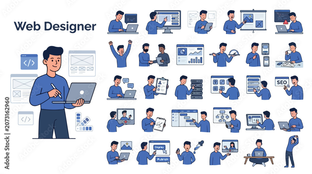 Fototapeta premium Web designer character set, flat vector illustration of male developer working on laptop, 25 icons of creative professional coding and designing