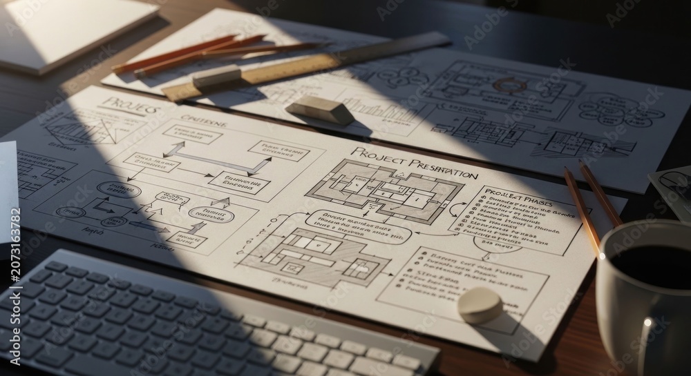 Obraz premium Architectural Blueprint and Design Tools on a Desk with Sunlight.