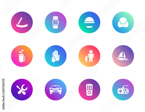 Lifestyle icons set. Gradient round vector pictograms for leisure, family, sports, and everyday activities.
