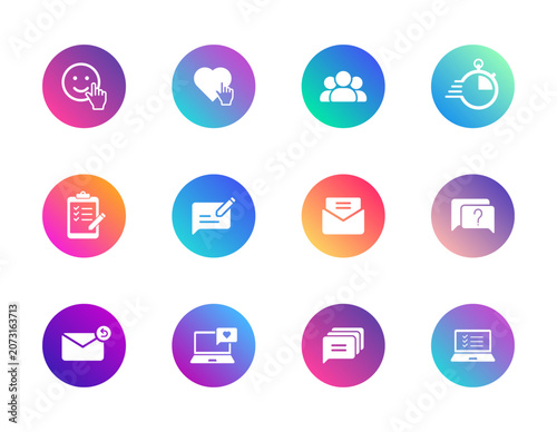Productivity icons set. Gradient round vector symbols for tasks, messaging, teamwork, and digital organization.