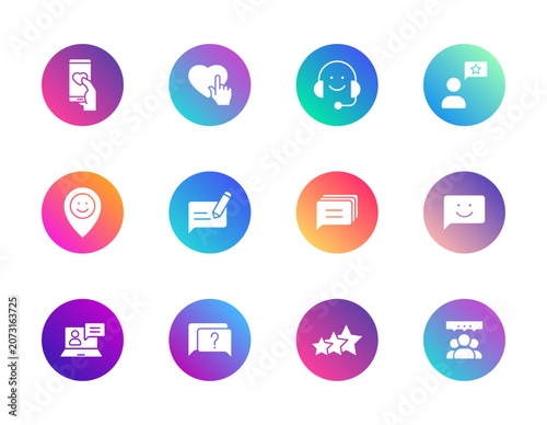 Social media icons set. Gradient round vector pictograms for likes, chat, followers, and online interaction.