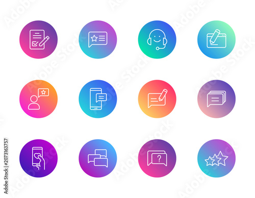 Digital feedback icons set. Gradient round vector pictograms for reviews, ratings, surveys, and communication.