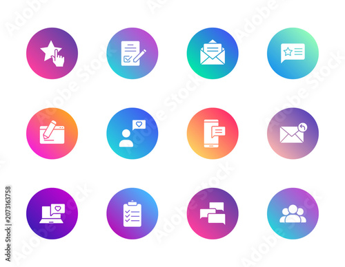 Digital communication icons set. Gradient round vector pictograms for messaging, feedback, teamwork, and online interaction.