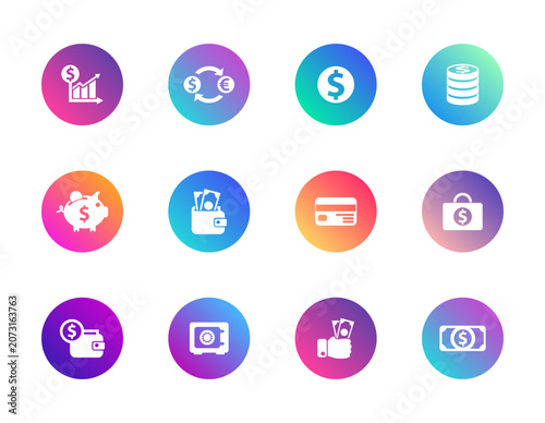 Finance icons set. Gradient round vector pictograms for money, banking, savings, investment, and financial management.