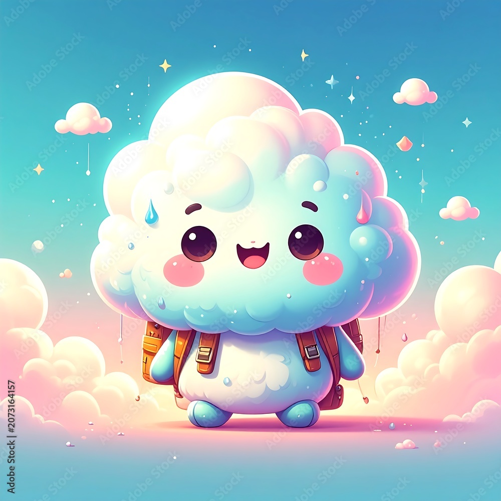 Fototapeta premium Cute Smiling Cloud Character Standing with Backpack in Dreamy Pastel Sky