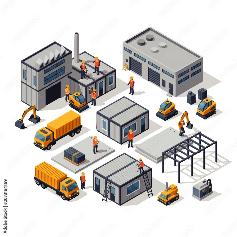 Fototapeta premium Vector flat design illustration of construction site with modular buildings, trucks, and workers building structures