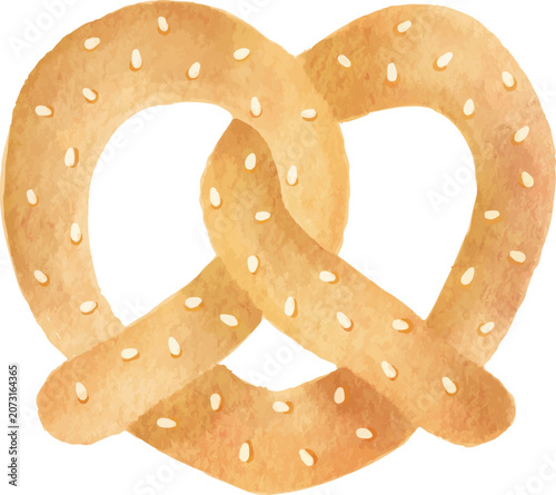 watercolor pretzel white sesame topping pastry dough illustration