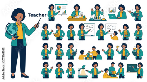 Female teacher character set, diverse educator in various classroom poses, school instructor with students and teaching tools vector collection