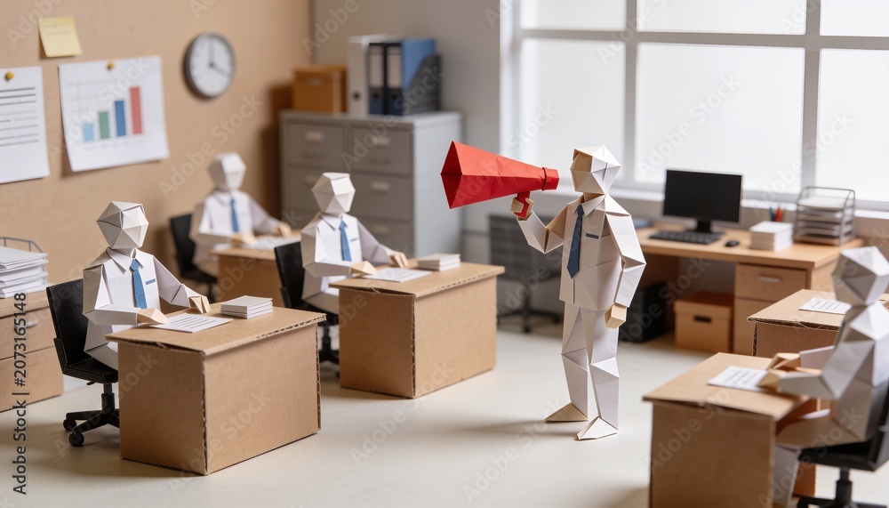 Fototapeta premium Corporate Communication and Leadership with Origami Office Workers 4k Workplace Culture Concept 