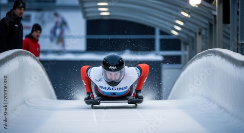 Athlete competes in skeleton sledding race on icy track.