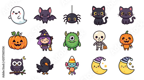 A festive Halloween scene with various cartoon characters and symbols on a white background illustration.