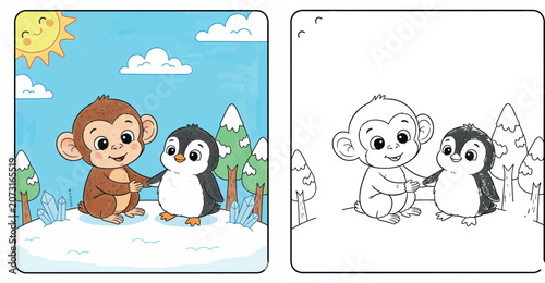 Canvas Print Cute Cartoon Monkey and Penguin in Snowy Winter Forest with Smiling Sun, Clouds