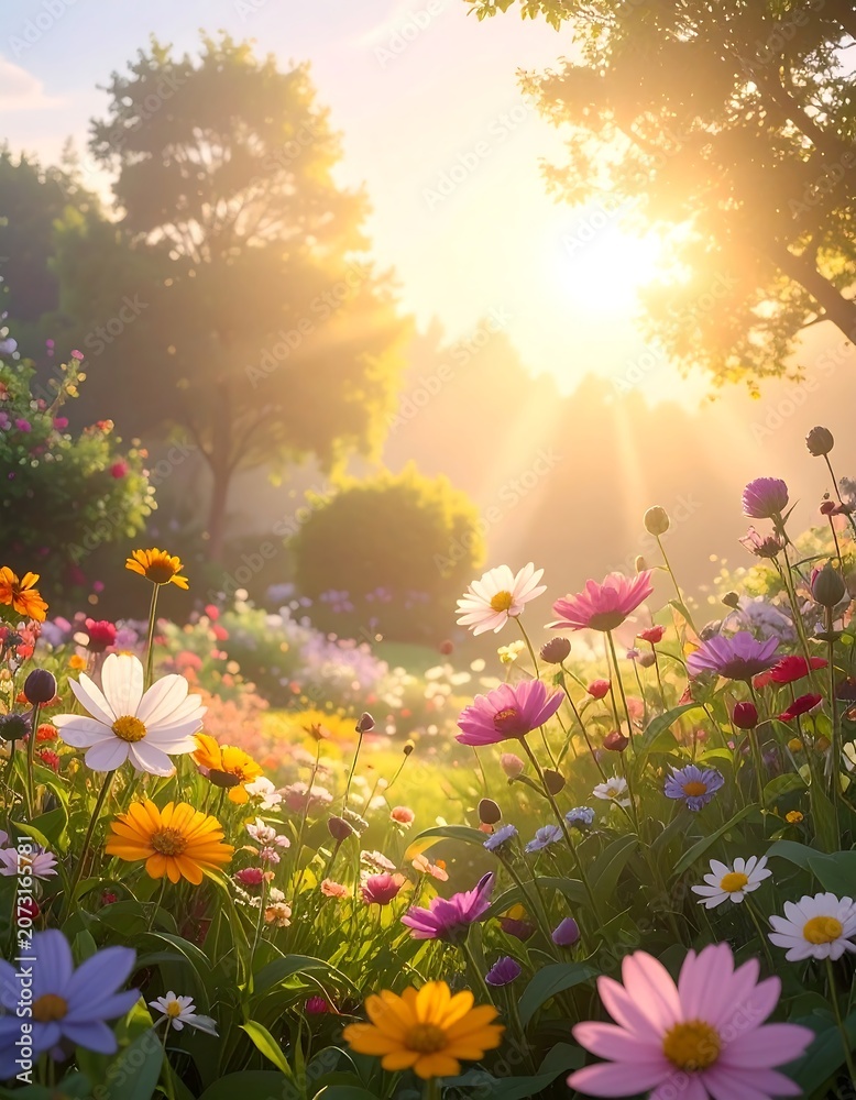Fototapeta premium Vibrant Wildflowers in Sunny Garden Landscape.