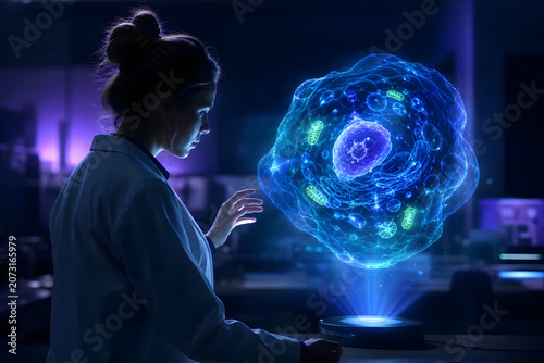 Scientist in silhouette with dramatic chiaroscuro lighting exami