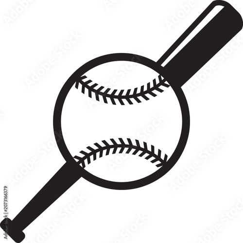 Baseball and bat vector illustration. Flat graphic emblem showing a crisp stitched ball overlaying a solid black silhouette batting club placed diagonally across the center layout background.