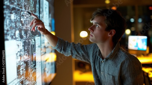Man in plaid shirt interacting with large digital blueprint display screen