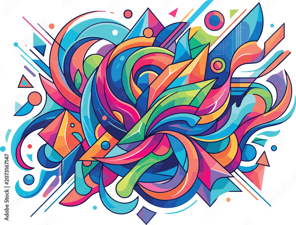 Obraz premium Abstract Geometric Vector Composition with Colorful Fluid Swirls, Dynamic Sharp Waves, Intersecting Lines, and Vibrant Polygonal Shapes for Modern Graphic Design Backgrounds