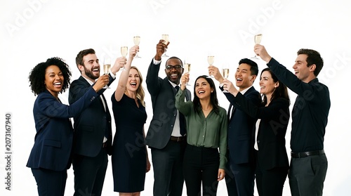 Diverse group of business professionals cheering with champagne glasses isolated on white background in formal attire