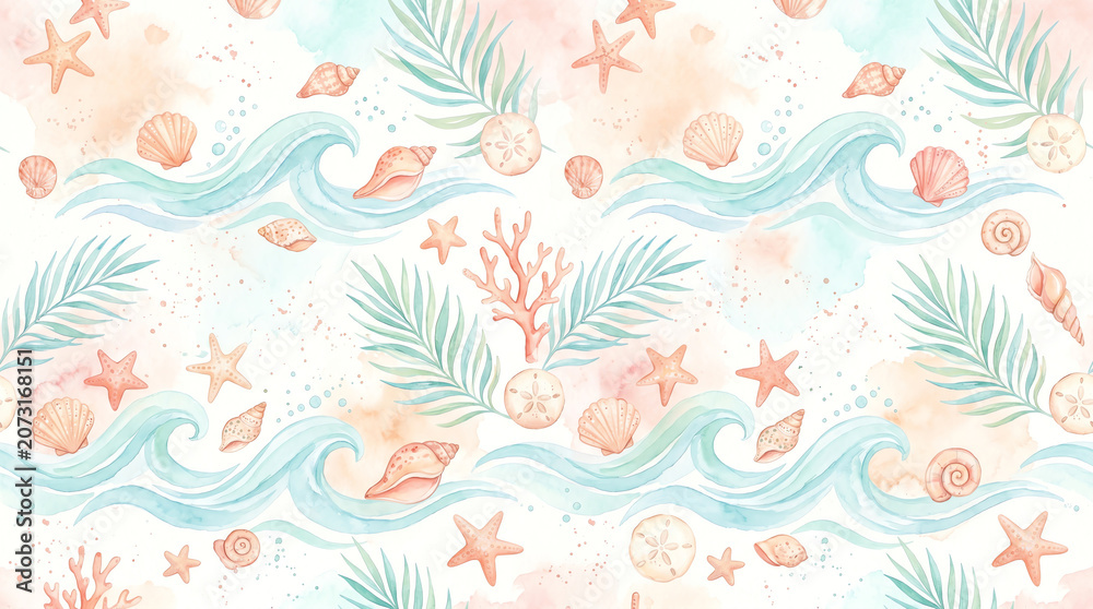 Obraz premium seamless watercolor marine pattern with soft turquoise ocean waves pastel shells coral and palm leaves on white background