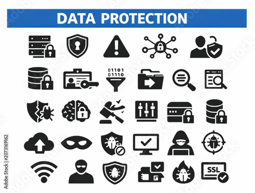 Data Protection Icons Set for Cybersecurity Privacy Encryption and Information Security