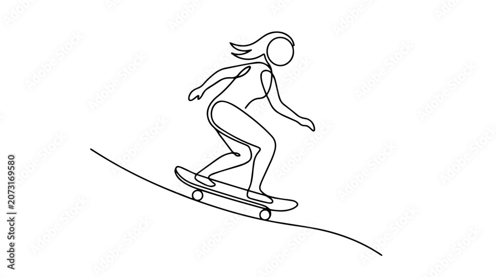 Fototapeta premium Continuous one line drawing of a woman skateboarding. Female skater riding a board. Minimalist line art illustration