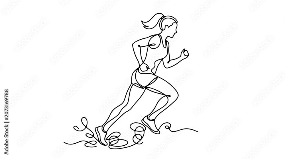 Fototapeta premium Female runner in dynamic motion. Continuous line drawing of woman jogging with abstract swirls. Minimalist fitness illustration