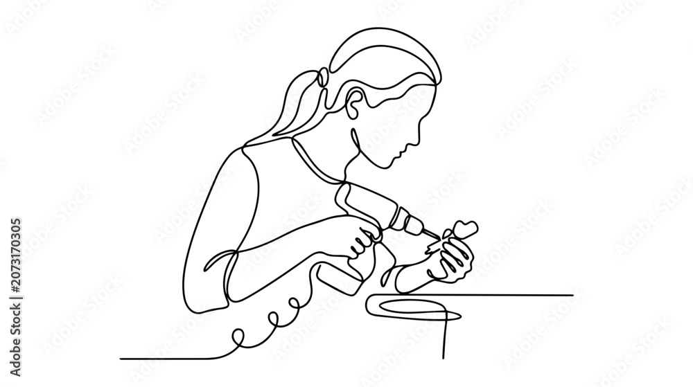 Obraz premium Woman using power drill for crafting. Continuous one line drawing illustration. Minimalist graphic DIY woodworking concept