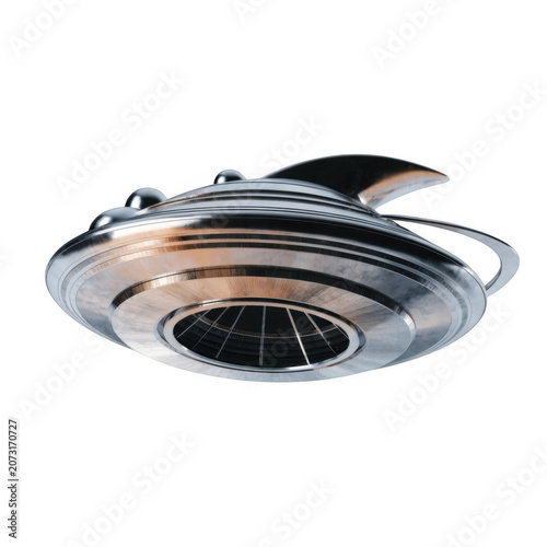 Futuristic metallic flying saucer with glowing details and spherical accents isolated on transparent background