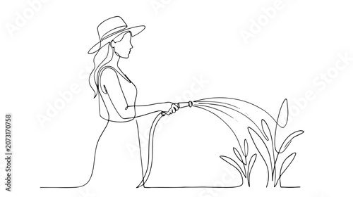 Woman watering plants with garden hose. Continuous one line drawing illustration. Minimalist gardening and nature care concept