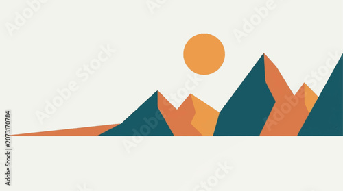 Tableau sur toile Minimalist Geometric Mountain Landscape Illustration with Sunset Sun Silhouette