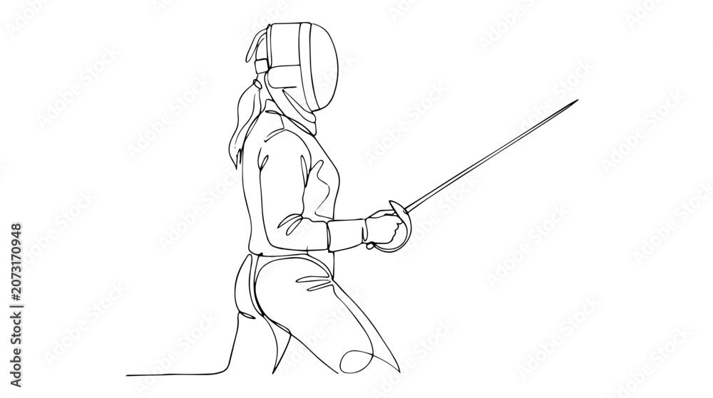 Fototapeta premium Female fencer with sword and mask. Fencing sport continuous line drawing. Minimalist vector illustration
