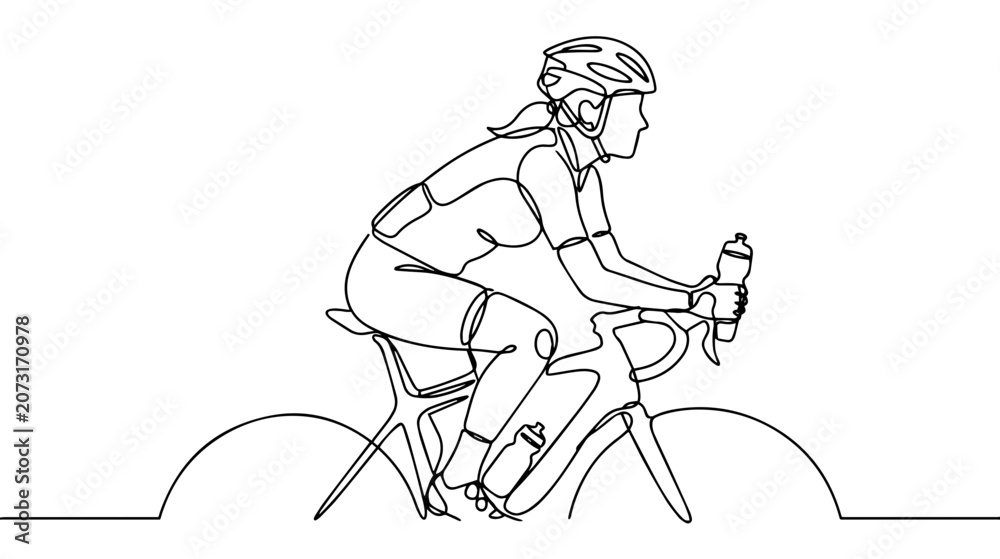Fototapeta premium Continuous one line drawing of a female cyclist riding a bicycle. Minimalist line art illustration of a woman on a road bike holding a water bottle