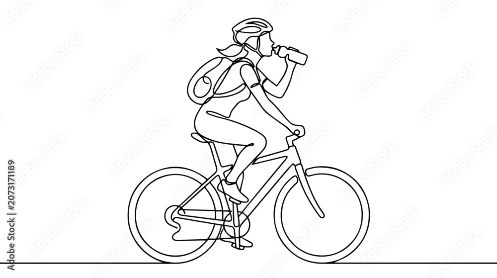Fototapeta premium Woman riding bicycle and drinking water. Outdoor cycling and hydration concept. Continuous line art illustration