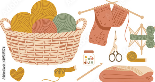 Fotografia Cozy knitting and crochet craft hobby vector illustration set featuring yarn basket, knitting needles, scarf, scissors, measuring tape, and handmade blanket