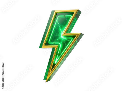 Glowing green lightning bolt icon with golden trim in studio lighting isolated on transparent background