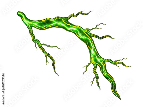 Glowing green lightning bolt with branching tendrils during a storm concept Isolated on transparent background