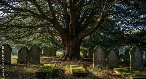 An ancient yew tree standing in a quiet and peaceful graveyard