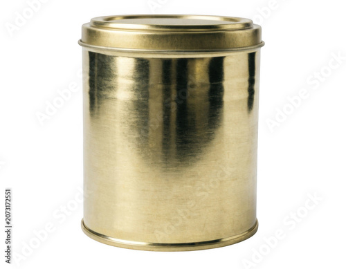 Gold metal tin container with lid during studio lighting for product packaging and storage Isolated on transparent background