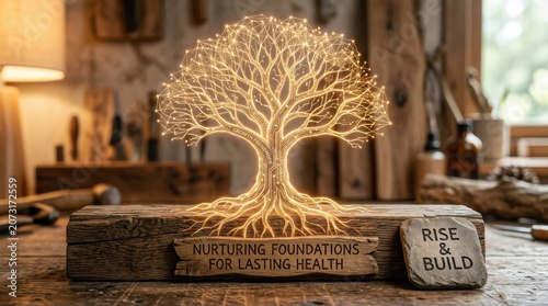 Glowing tree of life with nurturing foundations for lasting health