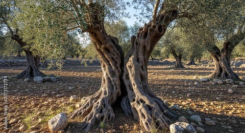 Ancient gnarled olive trees growing in dry stony soil in a sunny landscape