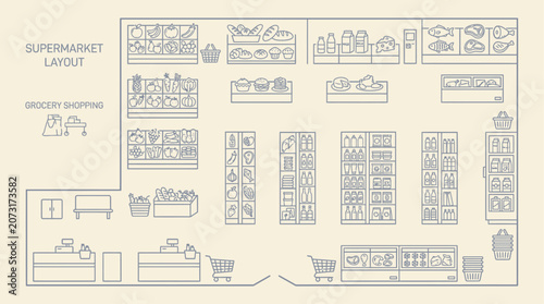 Modern Supermarket Interior Store Layout Monoline Vector Illustration Featuring Shelves Aisles and Grocery Shopping Experience Design Minimalist Linear Graphic for Retail Business Blueprint Plan