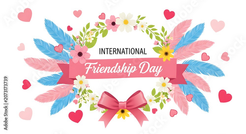 International friendship day wreath with flowers feathers ribbon, friendship