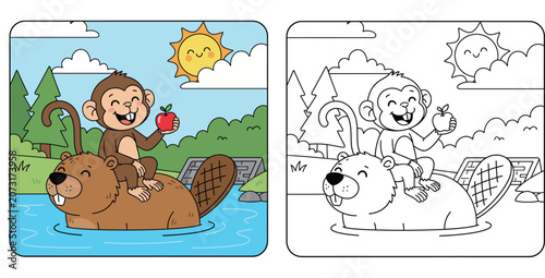 Photography Happy Cartoon Monkey Riding a Beaver on a River with an Apple