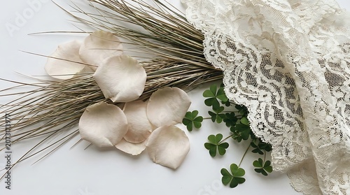 White Rose Petals and Clover Leaves on Flat White Background with Lace Fabric for Romantic Spring Decor
